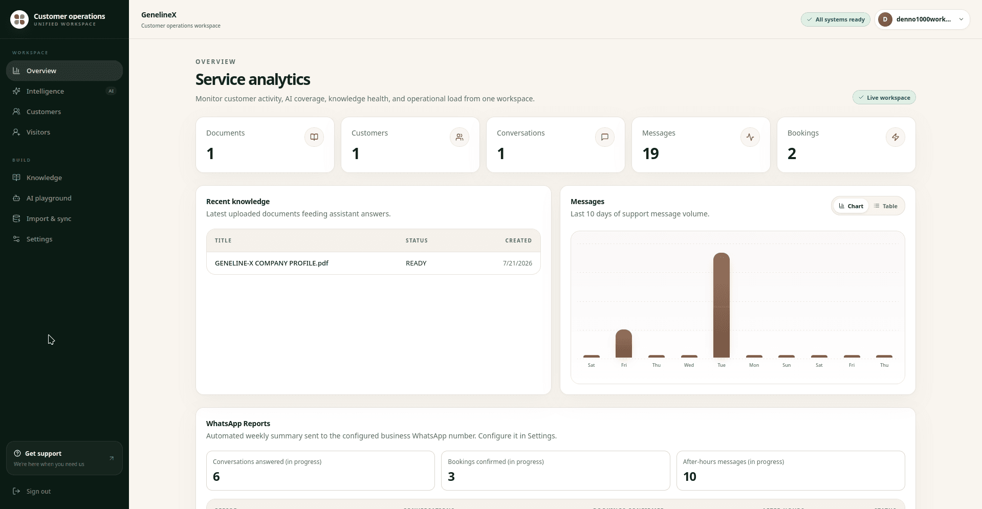 Customer operations analytics dashboard showing workspace navigation, service metrics, recent knowledge, message volume, and WhatsApp reports